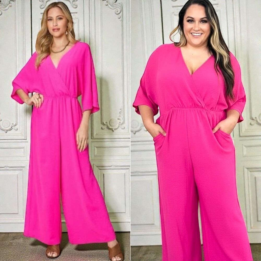 Hot Pink Surplice Wide Leg Dolman Sleeve Jumpsuit with Pockets NWT - Picture 3 of 14